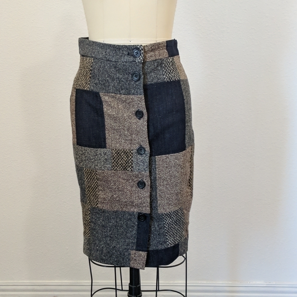 Elizabeth & James Patchwork Pencil Skirt Blue Tan 0 Button Preppy Retro Work